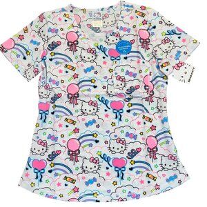 Hello Kitty Tooniforms Womens Scrub Top Size XS Rainbow White Pink Heath Care